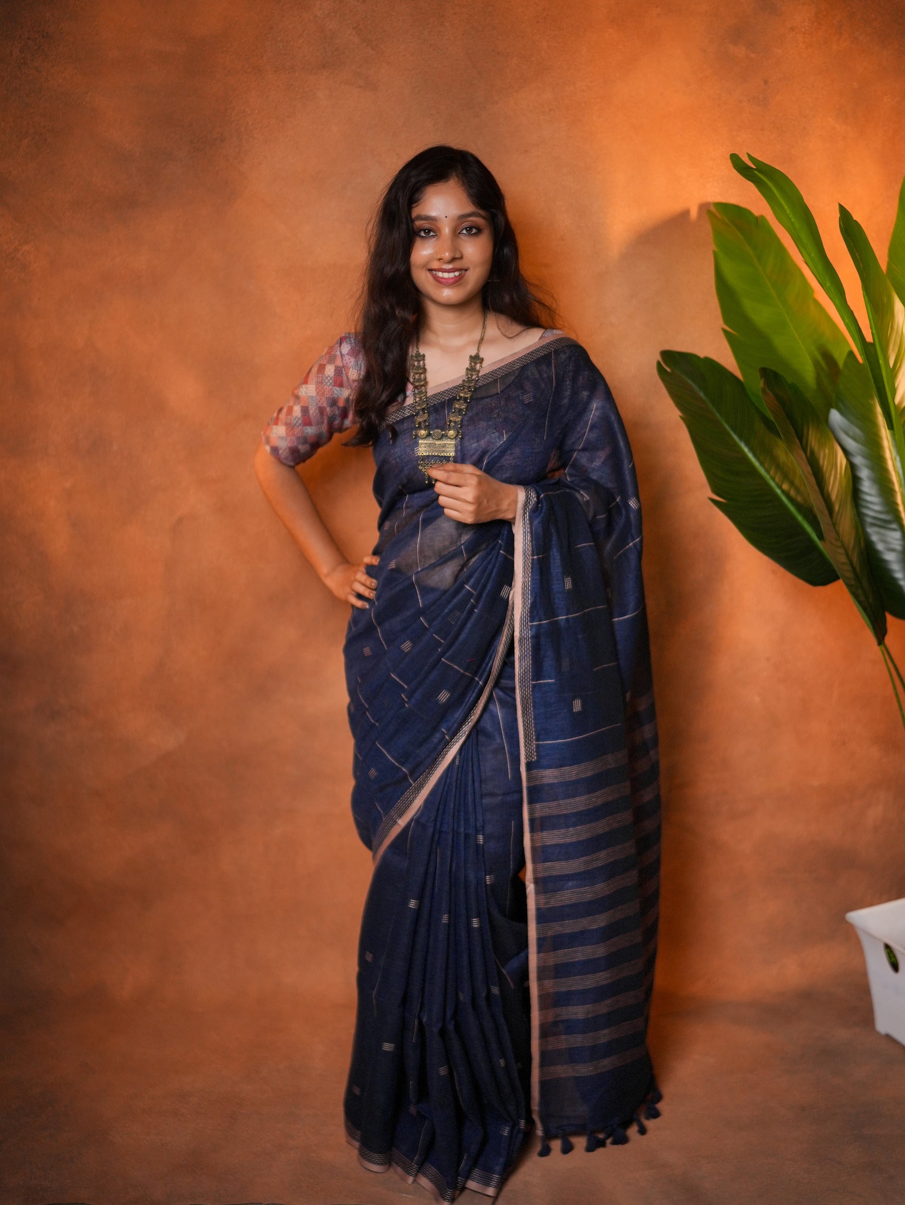 Linen Cotton Saree Navy Blue Mustard Line Motifs - LCS-1-6007 - view 1